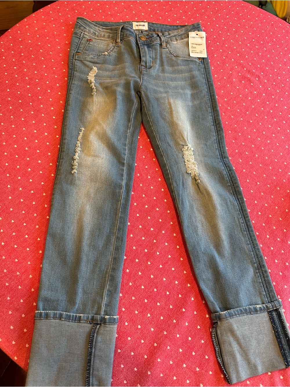 New with tags! Girls Hudson cropped and cuffed Distressed Light Blue. Size 16